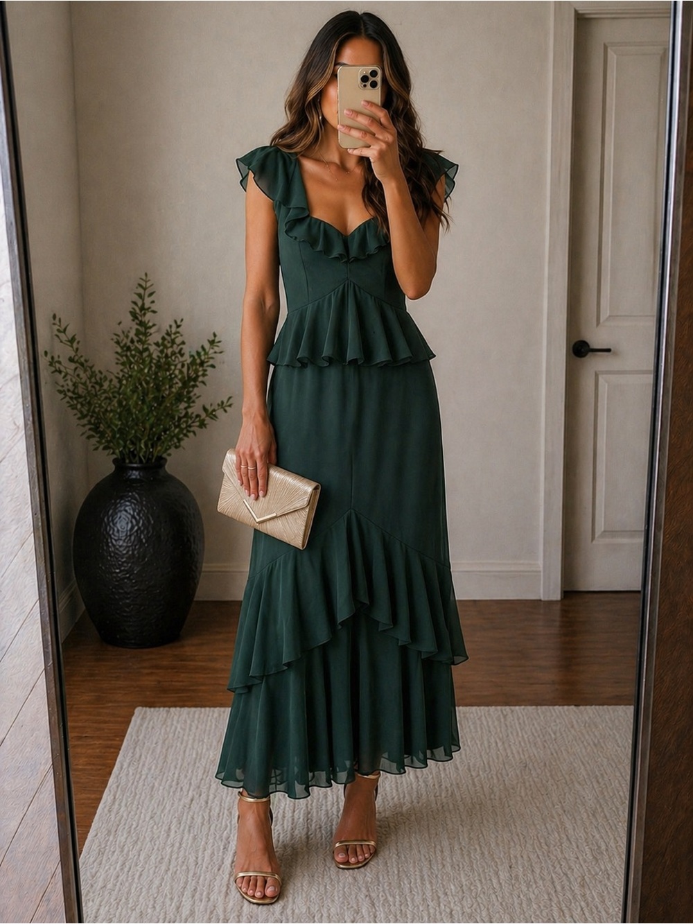 Show Me Your Mumu Reese Ruffle Midi Dress | Emerald Green Romantic Wedding Guest